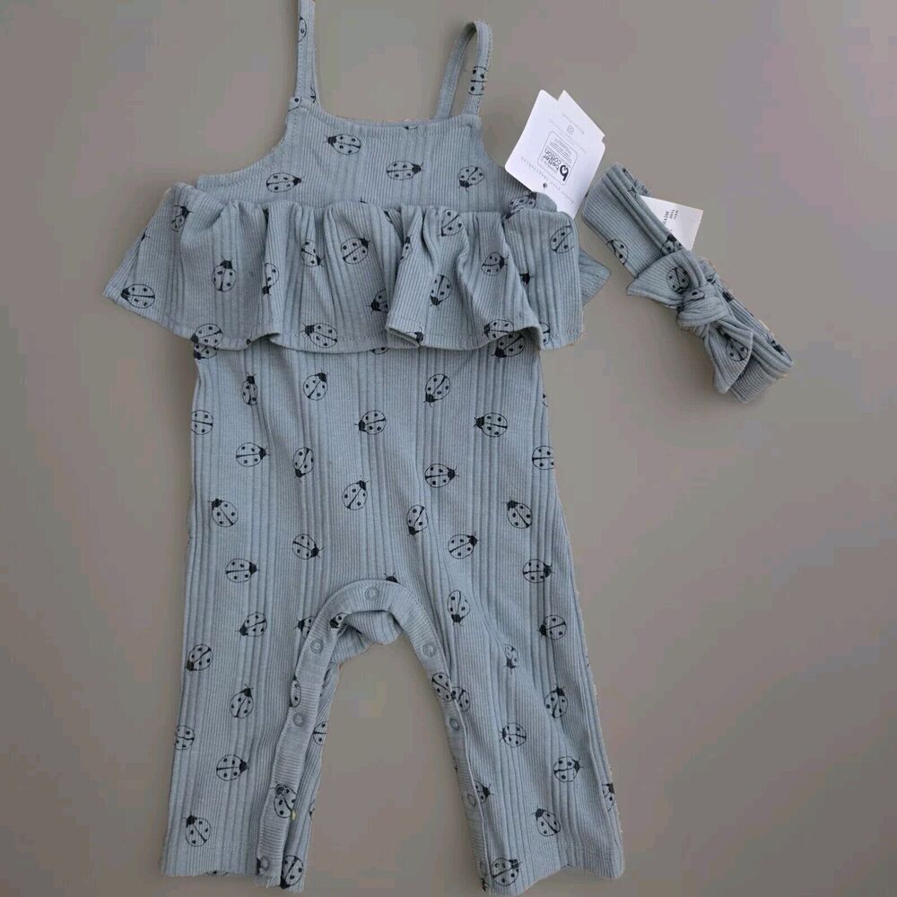 Grayson MiniGrayson Mini Baby Girls'‎ Ladybug Romper with Headband - Green 6-9M